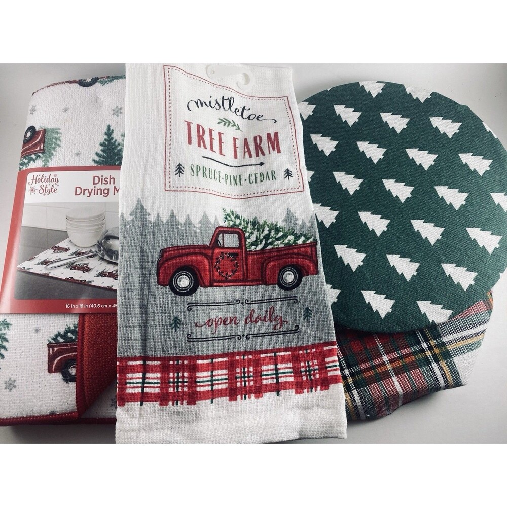 Holiday Kitchen Decor Set Farmhouse Red Truck, Plaid & Tree Theme 4pc Lot New